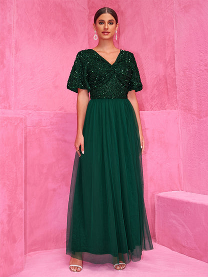 Sequined Dark Green Maxi Party Dress With High Slit For Evening Events 2026