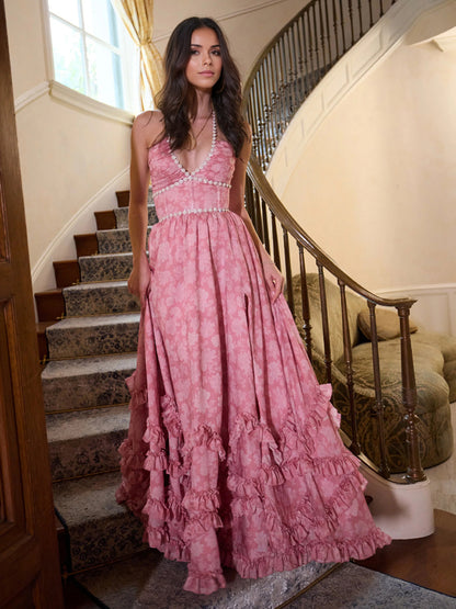 Floral Ruffle Maxi Party Dress With Halter Neckline And High Slit 2026