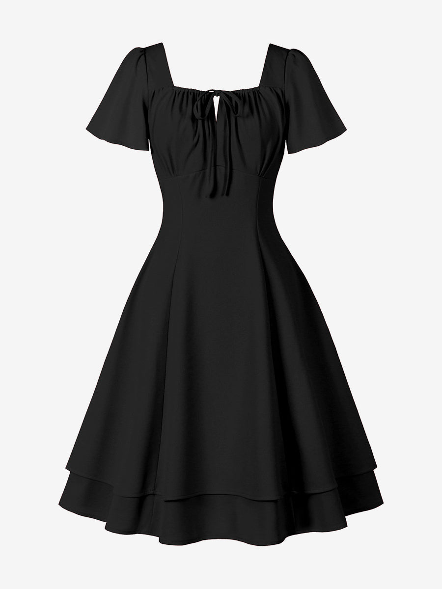 Vintage Square-Neck Midi Dress In Black For Summer 2026