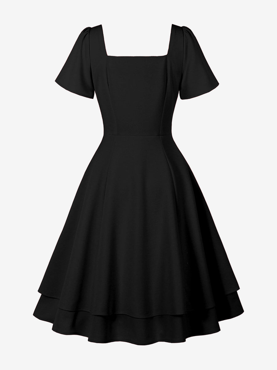 Vintage Square-Neck Midi Dress In Black For Summer 2026