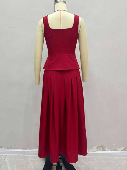 Square Neck Vest Top And Long Slit Skirt Two Piece Set In Red For Summer 2026