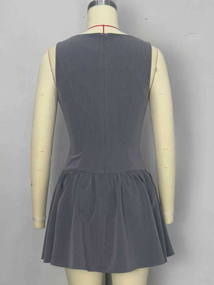 Sleeveless Pleated Mini Dress With Button-Front In Grey For Summer 2026