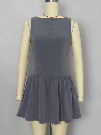 Sleeveless Pleated Mini Dress With Button-Front In Grey For Summer 2026