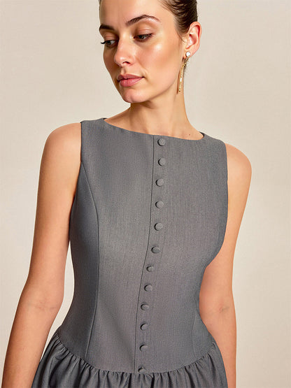 Sleeveless Pleated Mini Dress With Button-Front In Grey For Summer 2026