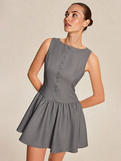 Sleeveless Pleated Mini Dress With Button-Front In Grey For Summer 2026