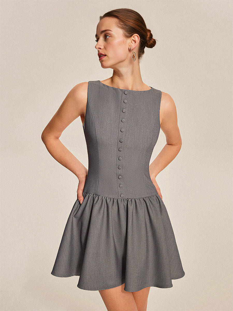 Sleeveless Pleated Mini Dress With Button-Front In Grey For Summer 2026