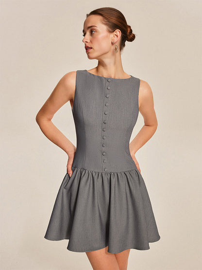 Sleeveless Pleated Mini Dress With Button-Front In Grey For Summer 2026