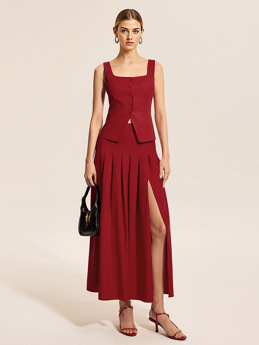 Square Neck Vest Top And Long Slit Skirt Two Piece Set In Red For Summer 2026