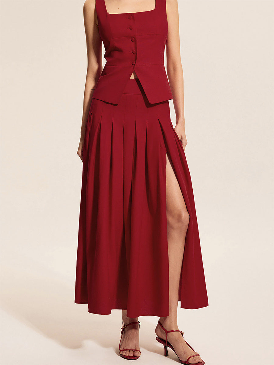 Square Neck Vest Top And Long Slit Skirt Two Piece Set In Red For Summer 2026