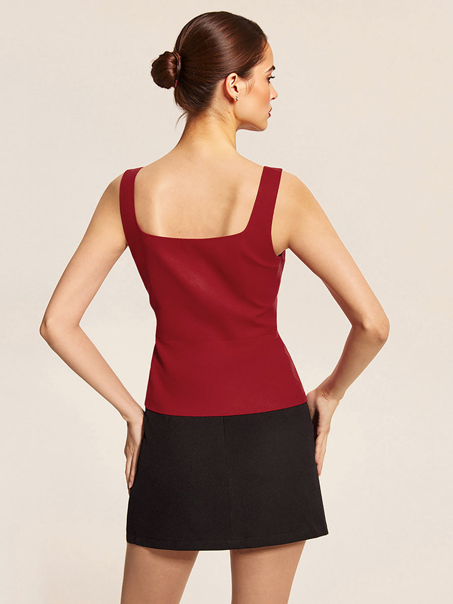 Square Neck Vest Top And Long Slit Skirt Two Piece Set In Red For Summer 2026