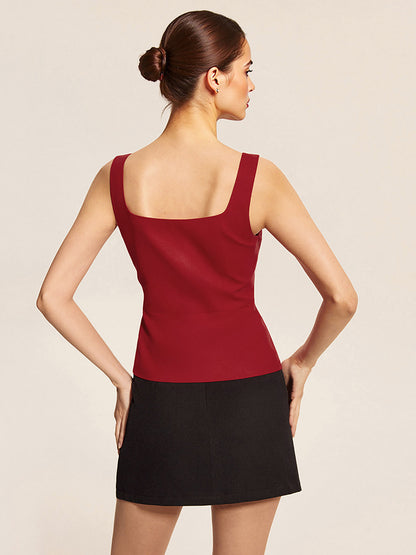 Square Neck Vest Top And Long Slit Skirt Two Piece Set In Red For Summer 2026