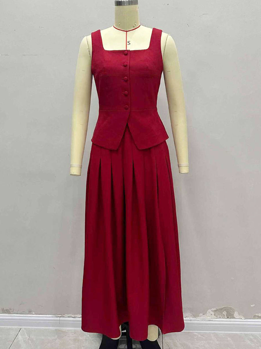 Square Neck Vest Top And Long Slit Skirt Two Piece Set In Red For Summer 2026