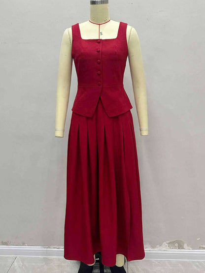 Square Neck Vest Top And Long Slit Skirt Two Piece Set In Red For Summer 2026