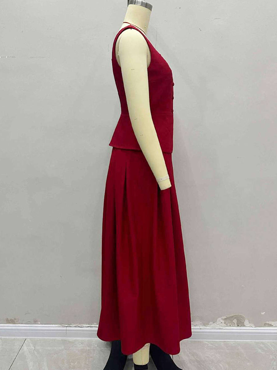 Square Neck Vest Top And Long Slit Skirt Two Piece Set In Red For Summer 2026