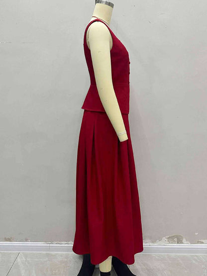 Square Neck Vest Top And Long Slit Skirt Two Piece Set In Red For Summer 2026