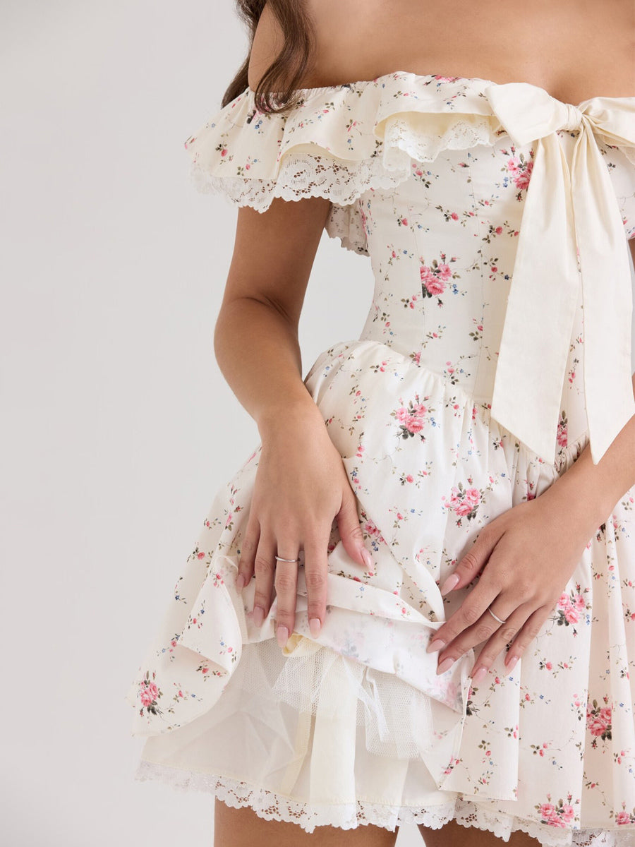 Off Shoulder Floral Mini Dress With Bow Detail For Summer 2026