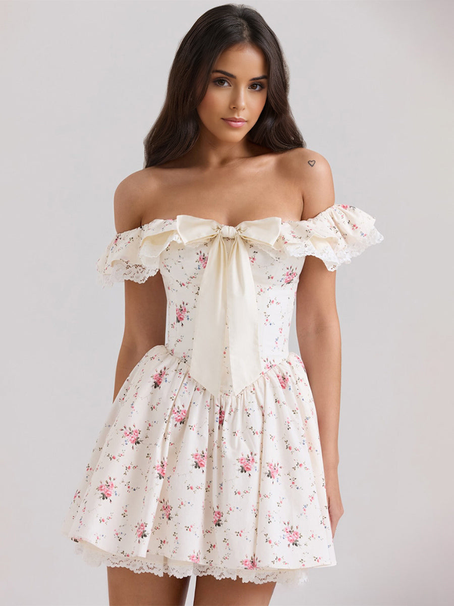 Off Shoulder Floral Mini Dress With Bow Detail For Summer 2026