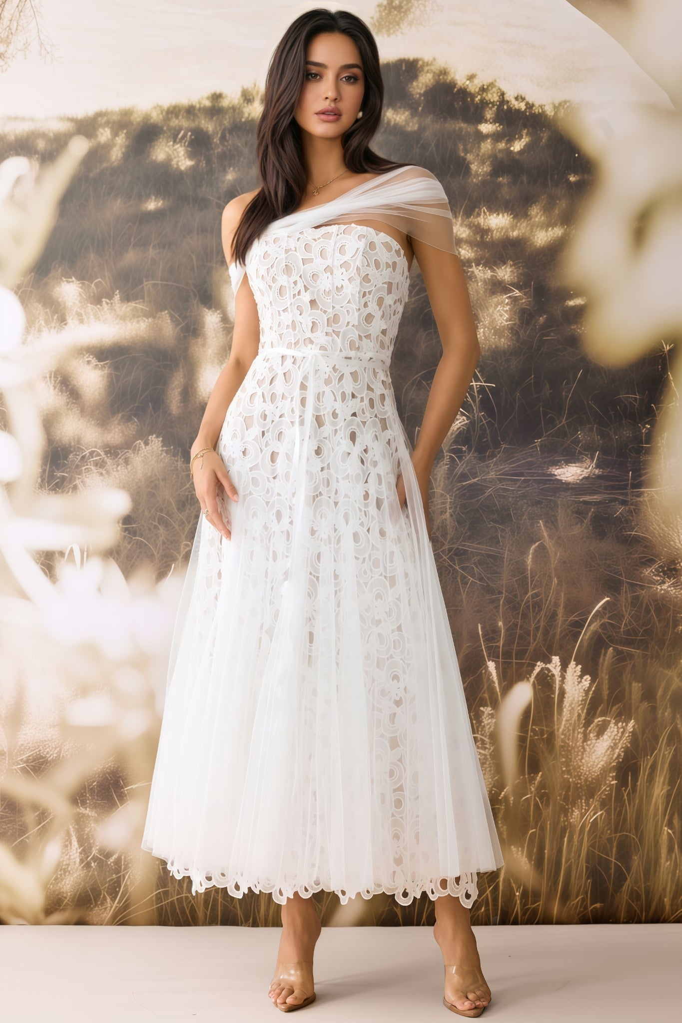 Penelope Off Shoulder Lace Embroidery Maxi Dress