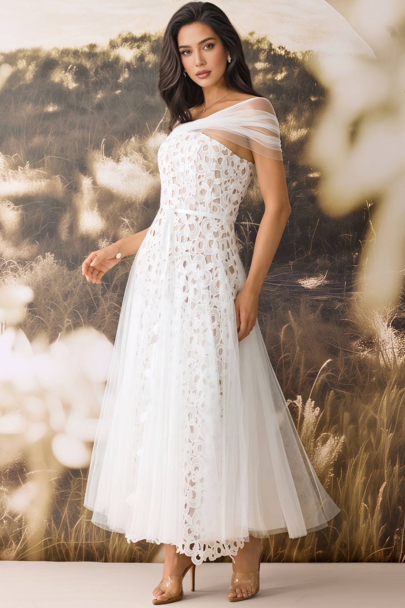 Penelope Off Shoulder Lace Embroidery Maxi Dress
