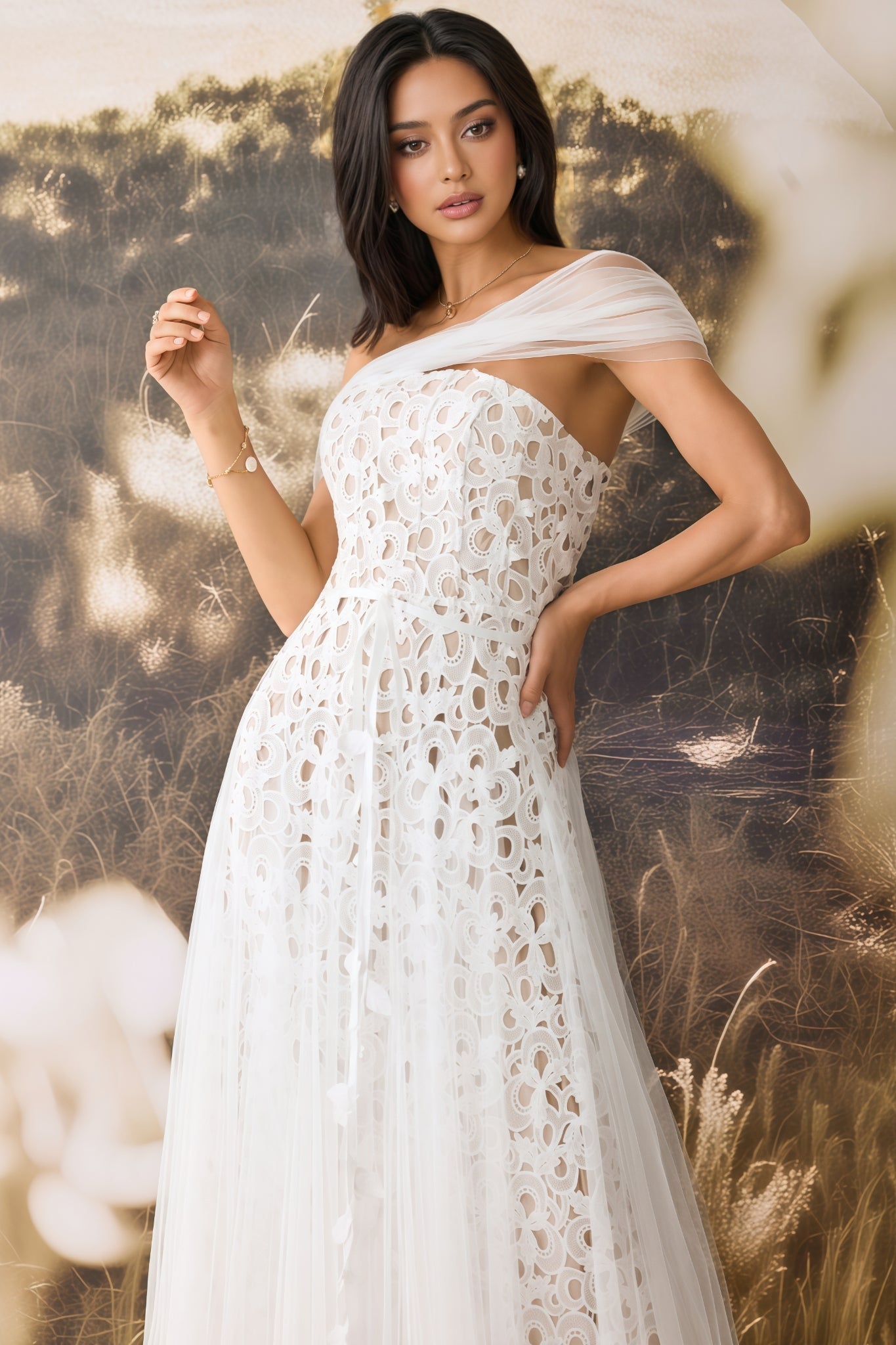 Penelope Off Shoulder Lace Embroidery Maxi Dress