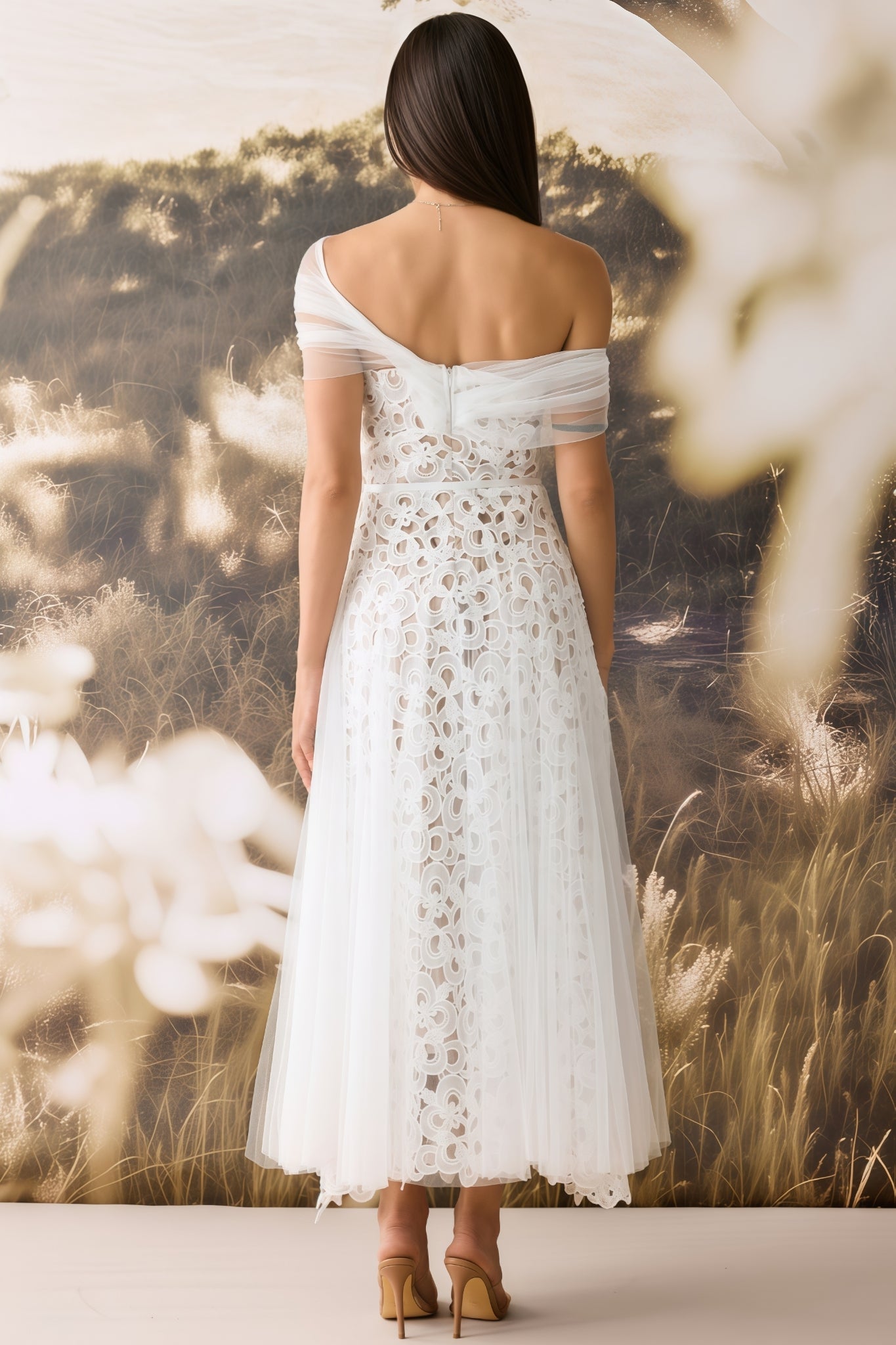 Penelope Off Shoulder Lace Embroidery Maxi Dress