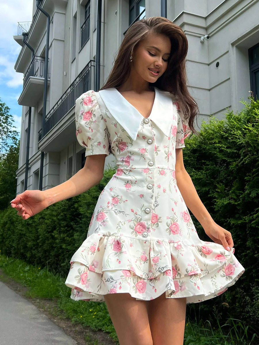 Floral Print Puff Sleeves Mini Dress With Peter Pan Collar And Back Lace-up For Summer 2026
