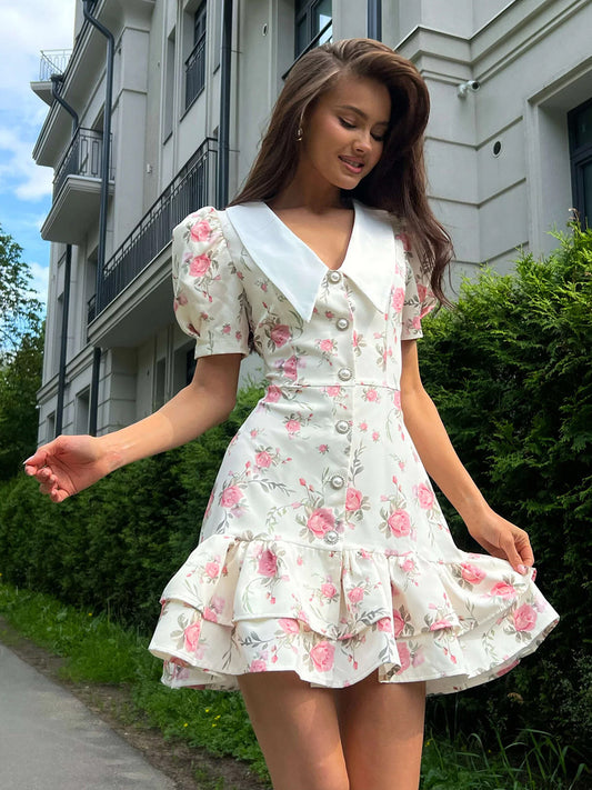 Floral Print Puff Sleeves Mini Dress With Peter Pan Collar And Back Lace-up For Summer 2026