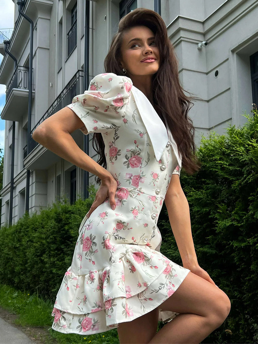 Floral Print Puff Sleeves Mini Dress With Peter Pan Collar And Back Lace-up For Summer 2026