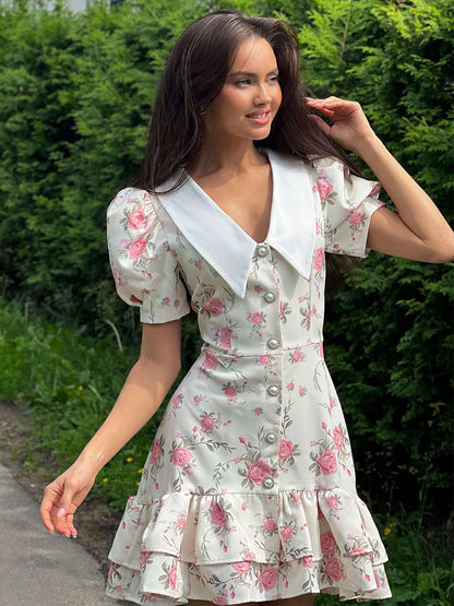 Floral Print Puff Sleeves Mini Dress With Peter Pan Collar And Back Lace-up For Summer 2026