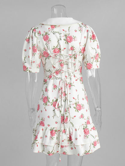 Floral Print Puff Sleeves Mini Dress With Peter Pan Collar And Back Lace-up For Summer 2026