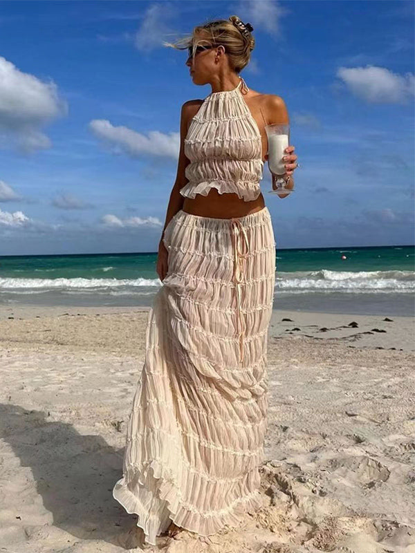 Textured Halter Neck Crop Top And Long Skirt 2 Piece Co-ord Set For Beach 2026