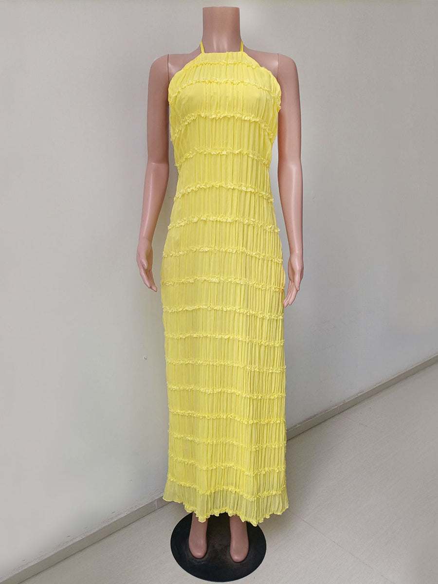 Halter Neck Pleated Maxi Dress for Women - Boho Ruched Backless Sleeveless Tiered Long Sundress - Summer Beach Event 2026