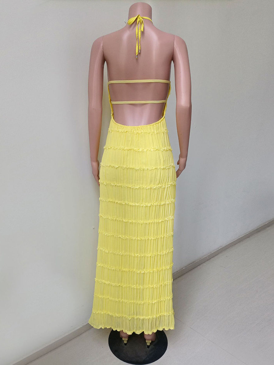 Halter Neck Pleated Maxi Dress for Women - Boho Ruched Backless Sleeveless Tiered Long Sundress - Summer Beach Event 2026