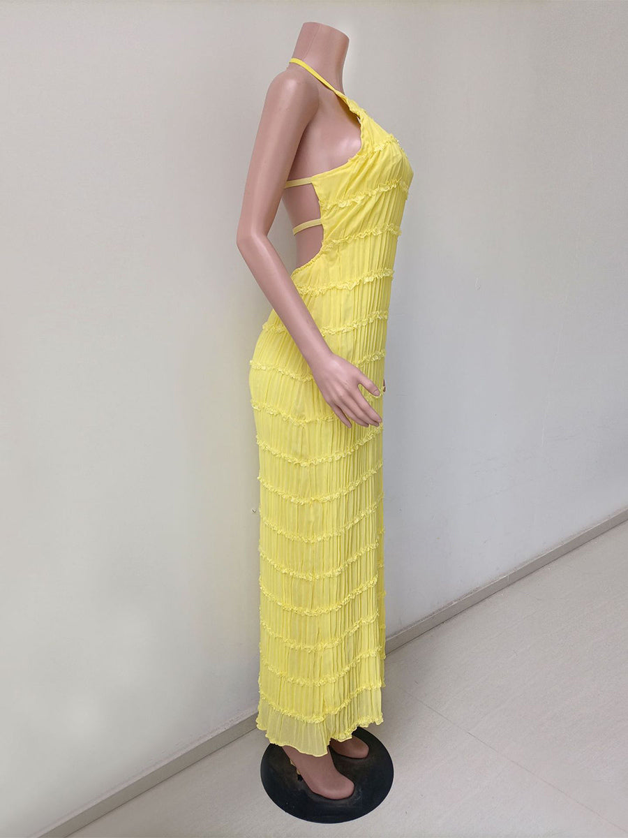 Halter Neck Pleated Maxi Dress for Women - Boho Ruched Backless Sleeveless Tiered Long Sundress - Summer Beach Event 2026