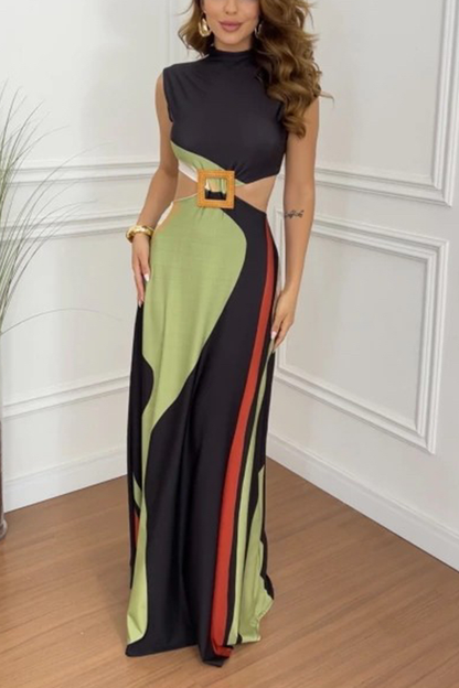 Bettie Printed High Neck Square Buckle Cutout Waist Maxi Dress