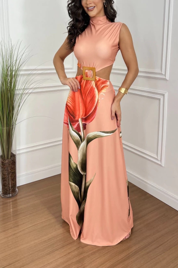 Bettie Printed High Neck Square Buckle Cutout Waist Maxi Dress