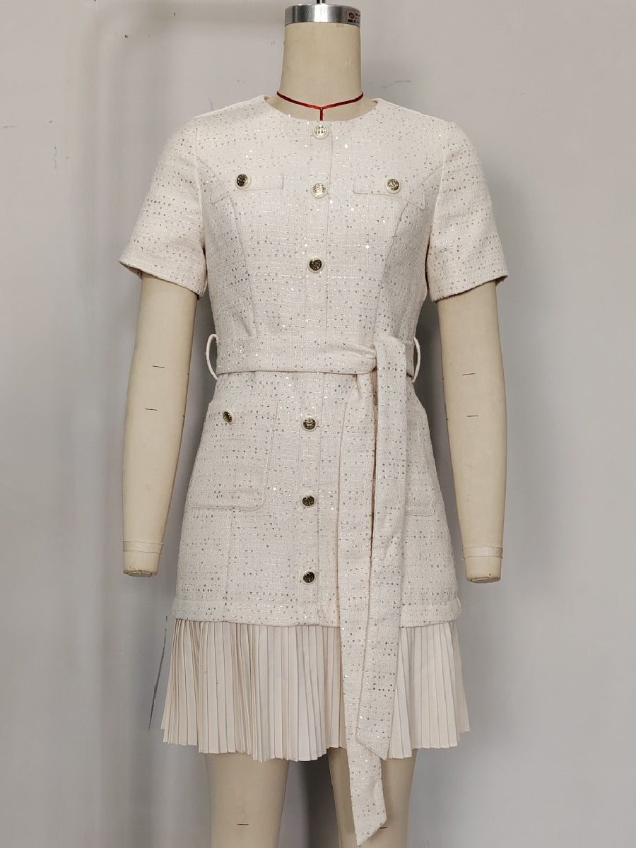 Apricot Tweed Dress With Short Sleeves And Gold Buttons For Summer 2026
