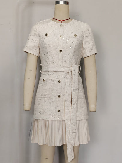 Apricot Tweed Dress With Short Sleeves And Gold Buttons For Summer 2026