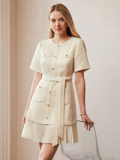 Apricot Tweed Dress With Short Sleeves And Gold Buttons For Summer 2026
