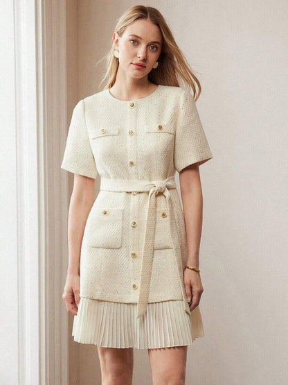 Apricot Tweed Dress With Short Sleeves And Gold Buttons For Summer 2026