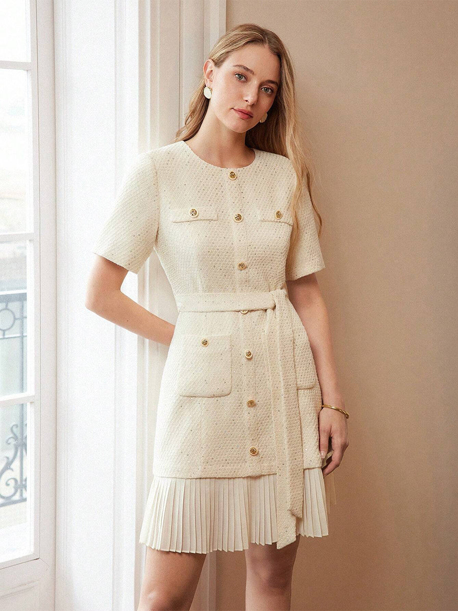 Apricot Tweed Dress With Short Sleeves And Gold Buttons For Summer 2026