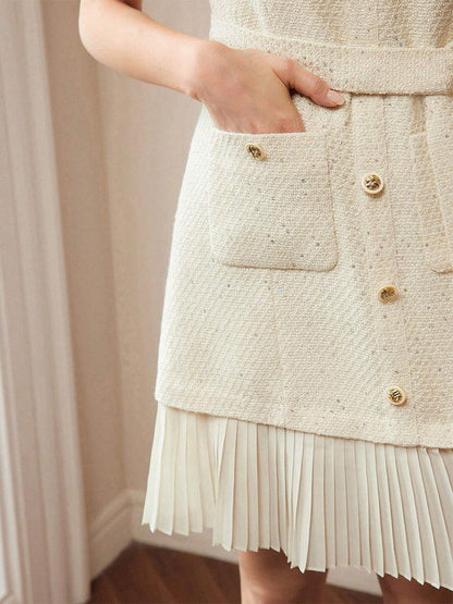 Apricot Tweed Dress With Short Sleeves And Gold Buttons For Summer 2026