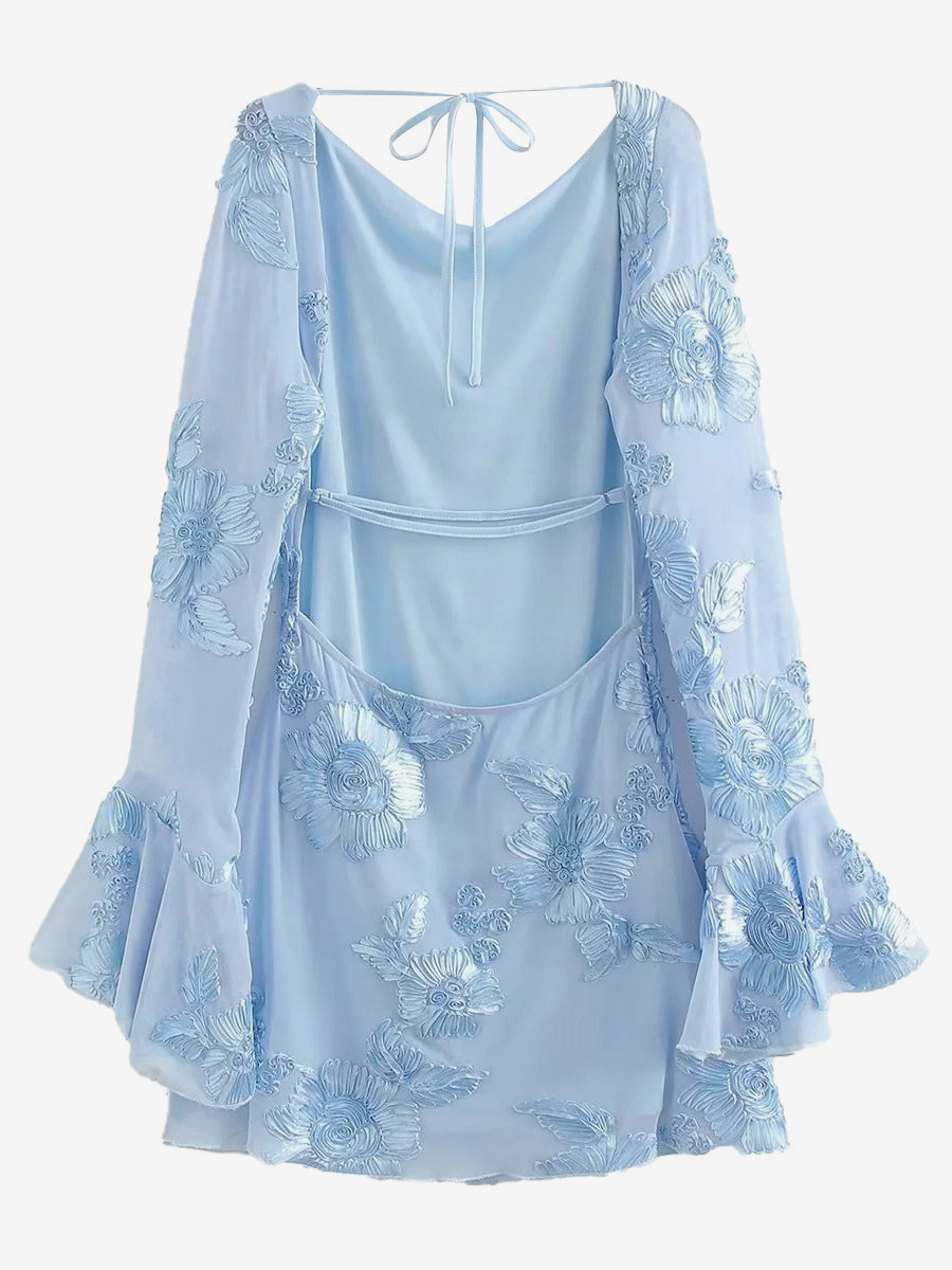 Light Blue Flower Embroidered Dress With Bell Sleeves And Open Back For Fall 2026