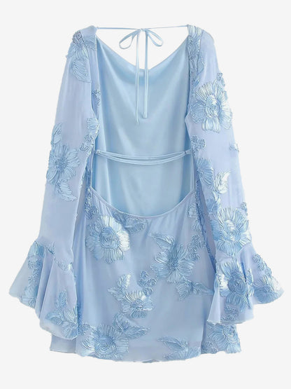 Light Blue Flower Embroidered Dress With Bell Sleeves And Open Back For Fall 2026