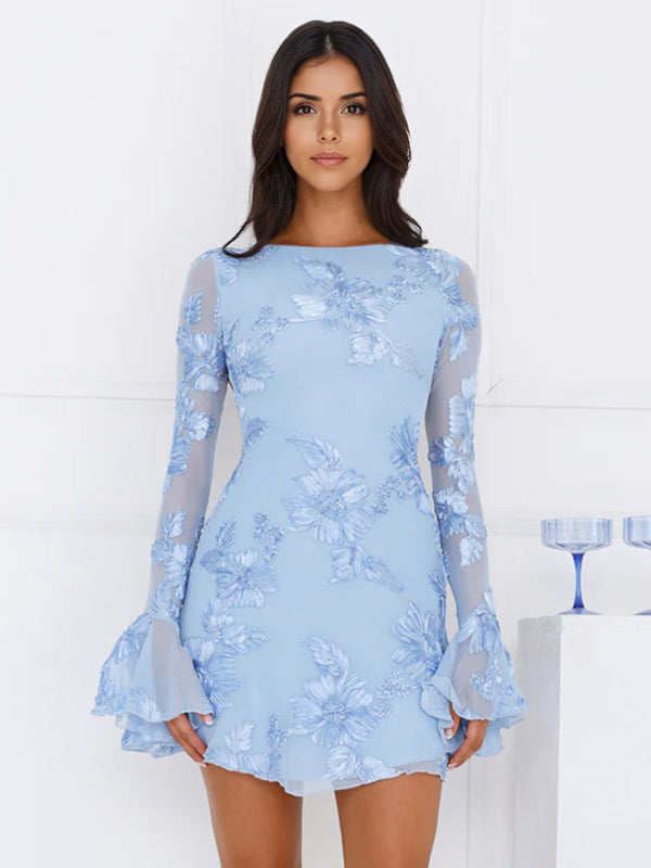 Light Blue Flower Embroidered Dress With Bell Sleeves And Open Back For Fall 2026