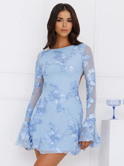 Light Blue Flower Embroidered Dress With Bell Sleeves And Open Back For Fall 2026