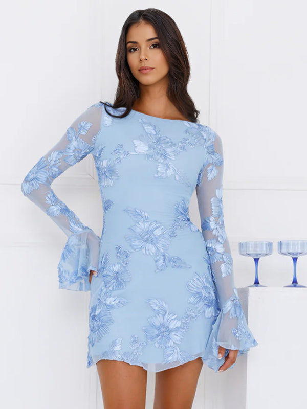 Light Blue Flower Embroidered Dress With Bell Sleeves And Open Back For Fall 2026