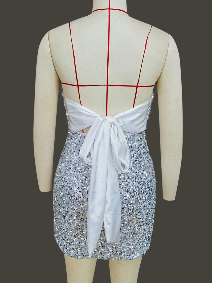 Sequin Bodycon Mini Dress With Sweetheart Neck And Bow Back For Parties 2026