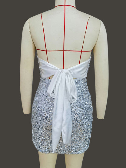 Sequin Bodycon Mini Dress With Sweetheart Neck And Bow Back For Parties 2026