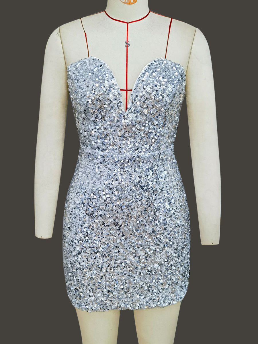 Sequin Bodycon Mini Dress With Sweetheart Neck And Bow Back For Parties 2026